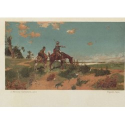 Cromolitografía original Quijote Quijote  y Sancho observan la polvareda de Puerto Carnero