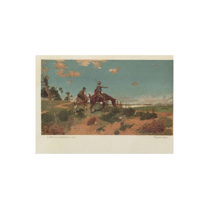 Cromolitografía original Quijote Quijote  y Sancho observan la polvareda de Puerto Carnero